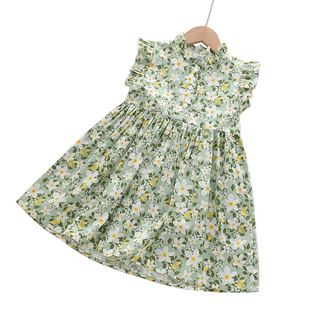 Cute Floral Print Dress for Girls with Stand Collar and Flutter Sleeves, Buttoned Baby Doll Style, Fresh and Charming Summer Dress