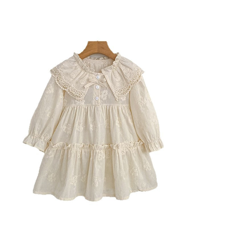 Girls' Dress Spring Autumn New French Lace Trim Large Turn-Down Collar Long Sleeve Princess Dress Children's Clothing