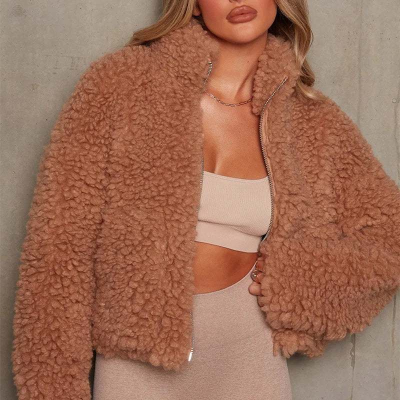 Manteau court en laine d'agneau pour femme, pardessus épais et chaud pour femme, vestes à col roulé à manches longues, streetwear à la mode, automne et hiver 2023