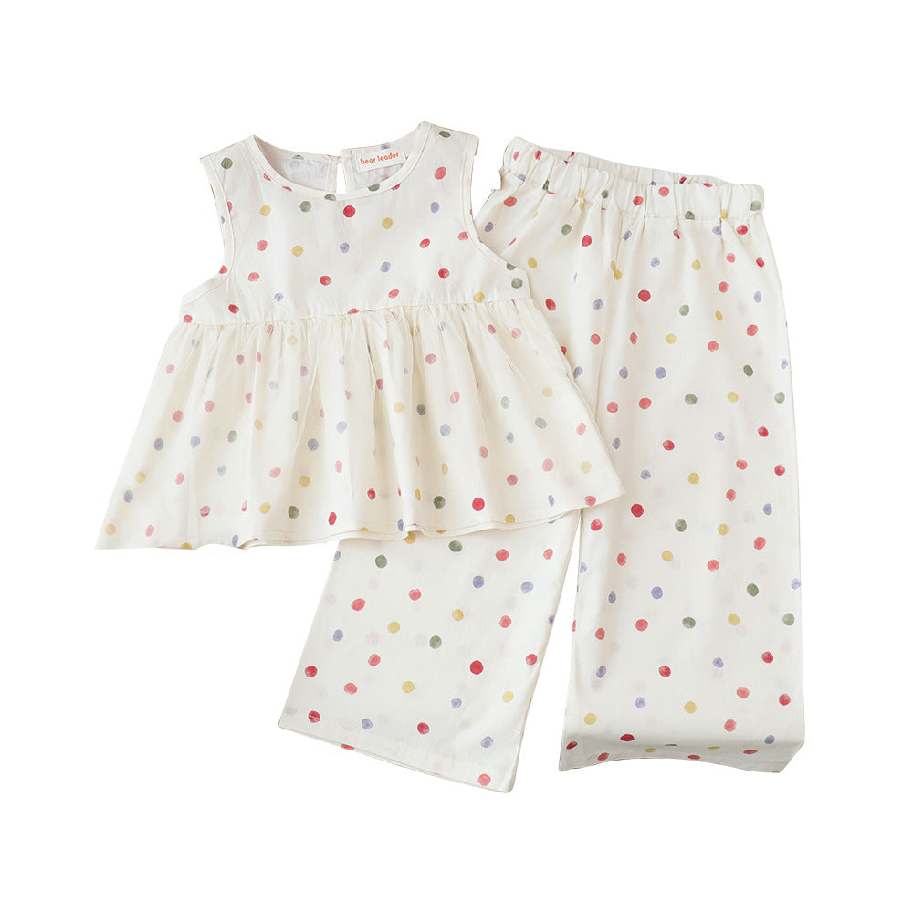 Children's Clothing Summer Girls' Sleeveless Colorful Polka Dot Set, Baby Girl Tank Top with Lace Two-Piece Outfit
