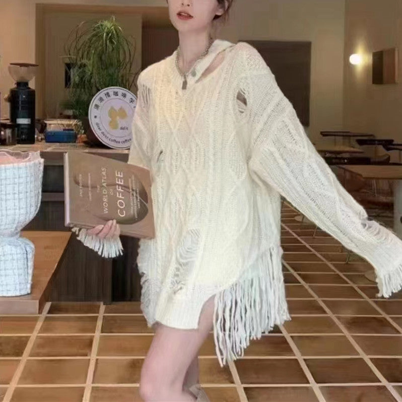 Y2K Streetwear Tassel Design Knitted Sweaters Women Harajuku Hollow Out Jumper Hole Loose All-match Tops Grunge E-girl