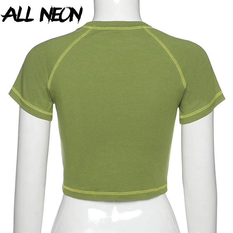ALLNeon E-girl Butterfly Graphic and Letter Printing Stitch Green Crop Tops Y2K Summer Grunge Style O-neck Short Sleeve T-shirts