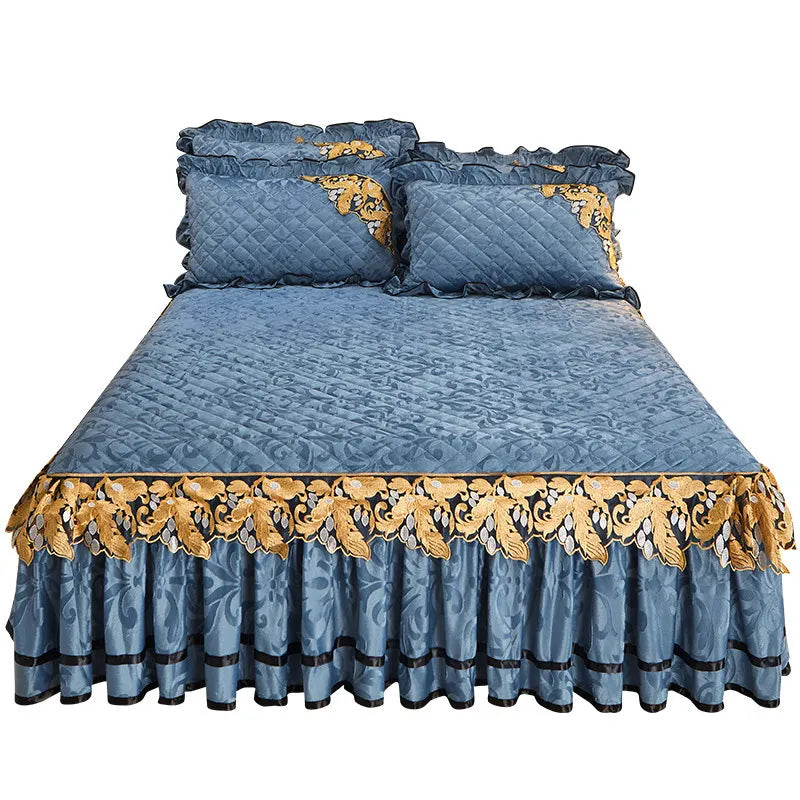 Couvre-lit en velours de luxe européen pour lit King Size, couvre-lit matelassé en relief, couvre-lit double Queen, ensemble de jupe de lit douce, monochromatique, 2 taies d'oreiller