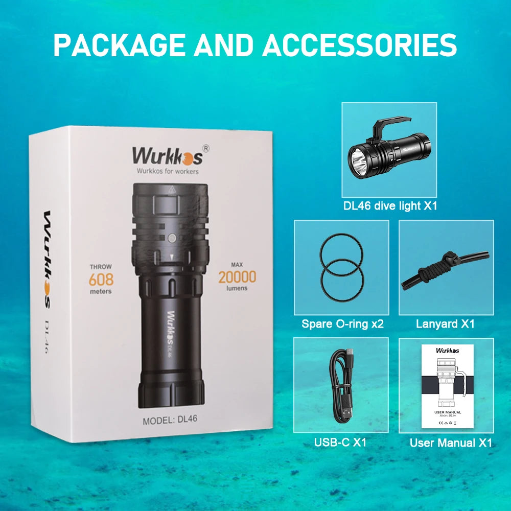 Wurkkos DL46 20000LM lampe de poche de plongée Super lumineuse portée 608M lanterne sous-marine Rechargeable 30000mAh 46950 batterie externe