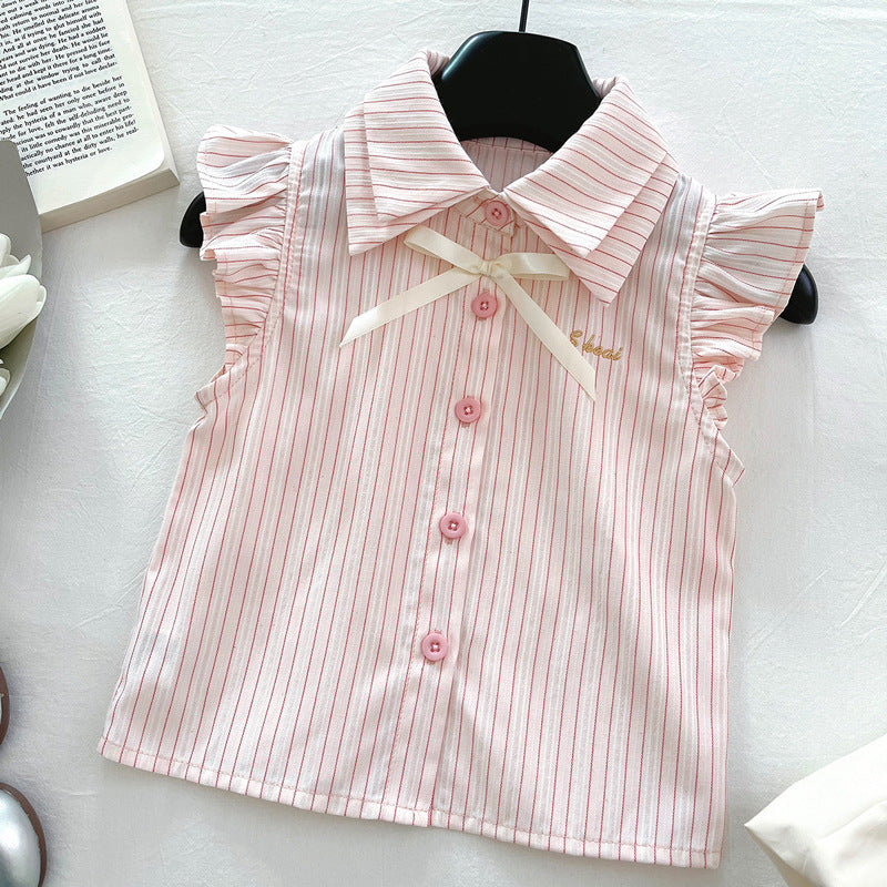 Cute Stripe Flutter Sleeve Top Set for Girls, Princess Style Bloomer Shorts Two-Piece Outfit, Summer Fashion