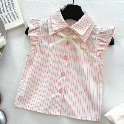 Cute Stripe Flutter Sleeve Top Set for Girls, Princess Style Bloomer Shorts Two-Piece Outfit, Summer Fashion