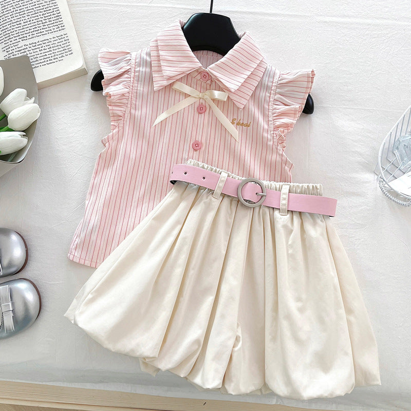 Cute Stripe Flutter Sleeve Top Set for Girls, Princess Style Bloomer Shorts Two-Piece Outfit, Summer Fashion