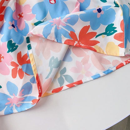 Backless Floral Print Children's Dress for Girls, Summer Bubble Sleeve Short Sleeve Dress, Vacation Dress