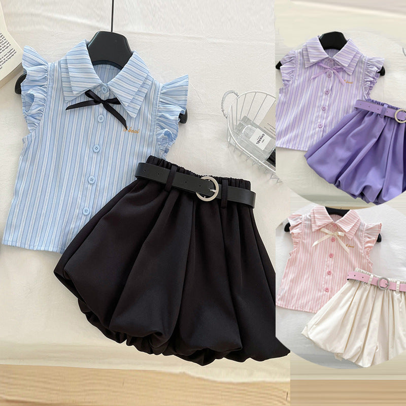 Cute Stripe Flutter Sleeve Top Set for Girls, Princess Style Bloomer Shorts Two-Piece Outfit, Summer Fashion