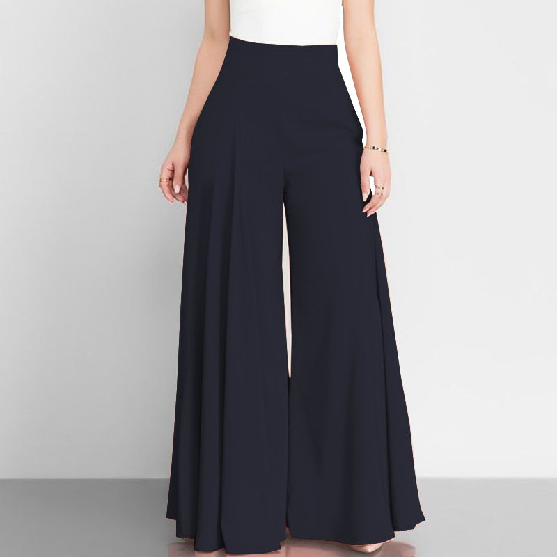 Pantalon élégant taille haute à jambes larges pour femme, style vintage printanier, coupe évasée, uni, fermeture éclair, palazzo