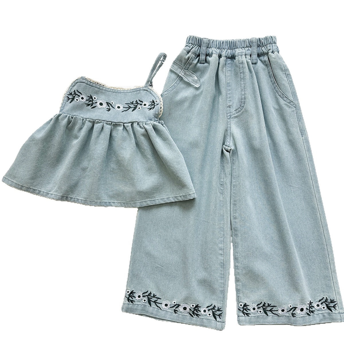 Girls' Denim Set New Embroidered Flower Strap Top and Children's Wide-Leg Denim Pants Casual Two-Piece Set
