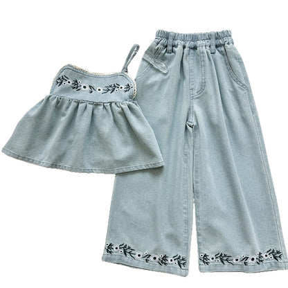 Girls' Denim Set New Embroidered Flower Strap Top and Children's Wide-Leg Denim Pants Casual Two-Piece Set
