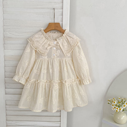 Girls' Dress Spring Autumn New French Lace Trim Large Turn-Down Collar Long Sleeve Princess Dress Children's Clothing
