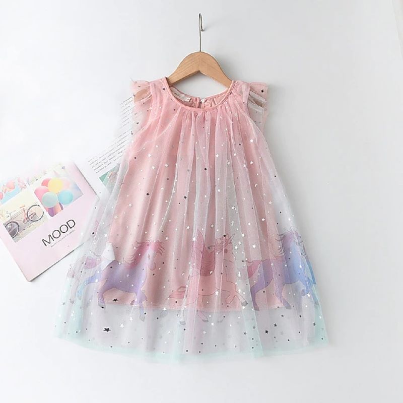 Summer New Girls' Star Mesh Gradient Dress with Cartoon Flying Pony Print, Princess Dress, Unicorn Tulle Dress