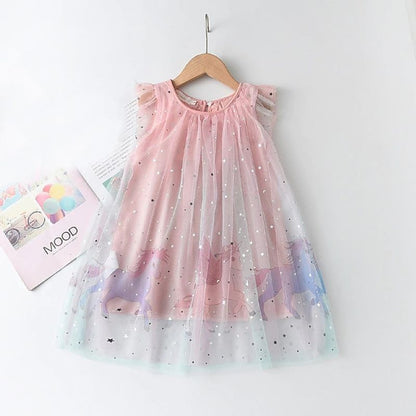 Summer New Girls' Star Mesh Gradient Dress with Cartoon Flying Pony Print, Princess Dress, Unicorn Tulle Dress