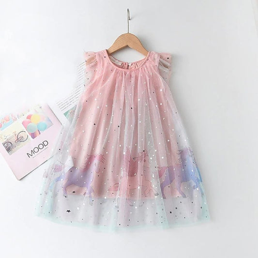 Summer New Girls' Star Mesh Gradient Dress with Cartoon Flying Pony Print, Princess Dress, Unicorn Tulle Dress