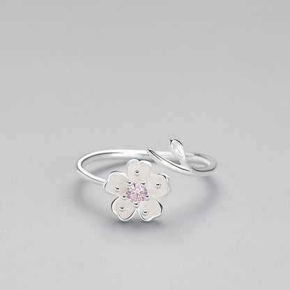 925 Sterling Silver Zircon Enamel Plum Flower Adjustable Ring Elegant Fine Jewelry For Women Romantic Party Bijoux