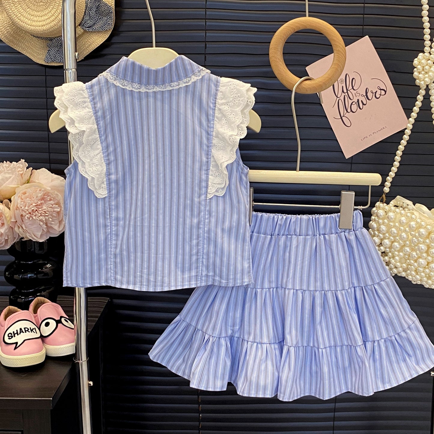 Girls' Princess Style Outfit Set Summer Short Sleeve Striped Shirt Skirt Two-Piece Fashion Set