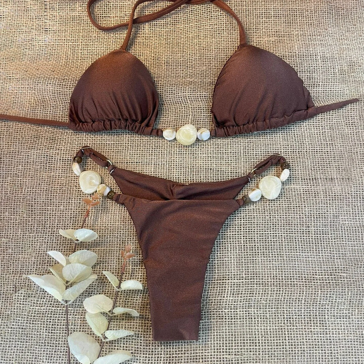 Swimsuit Bikini Three-Piece Halter E Drawstring Swimwear Solid Color