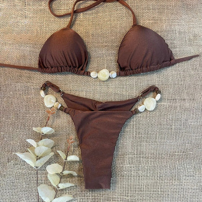 Swimsuit Bikini Three-Piece Halter E Drawstring Swimwear Solid Color