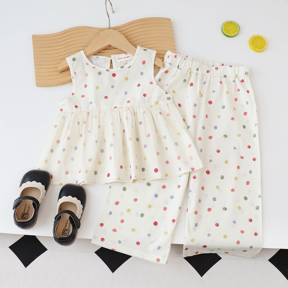 Children's Clothing Summer Girls' Sleeveless Colorful Polka Dot Set, Baby Girl Tank Top with Lace Two-Piece Outfit