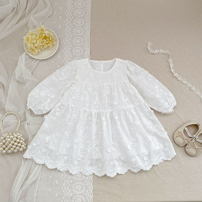 Girls' Dress Spring New Style Fashion White Long Sleeve Embroidered Charming Princess Dress for Children