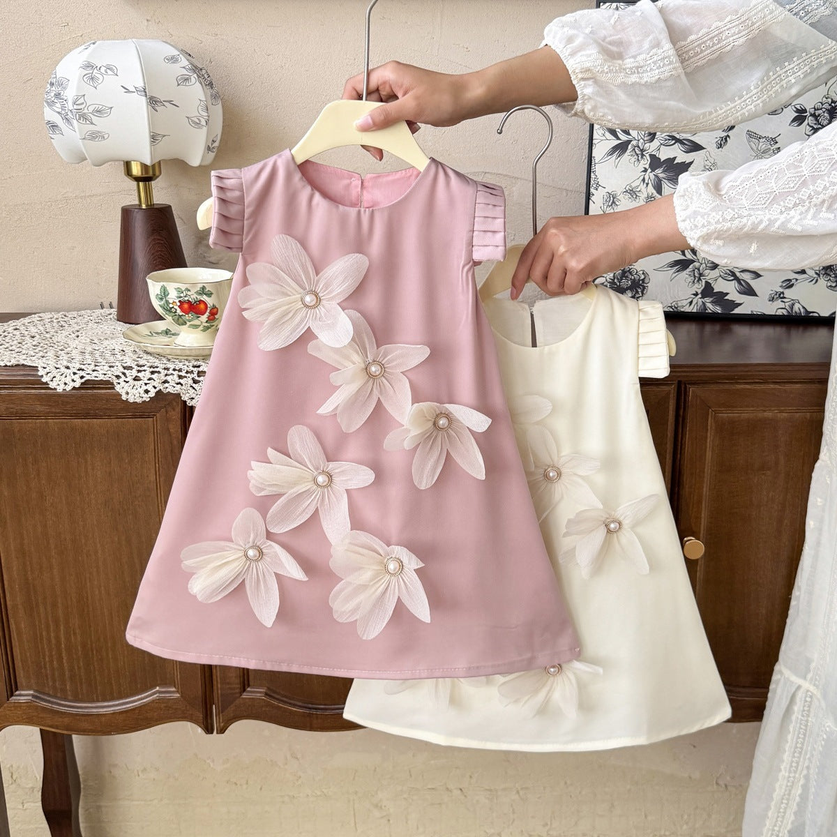 Flower Pleated Flutter Sleeve Long Dress for GirlsElegant and Beautiful, Summer Dress