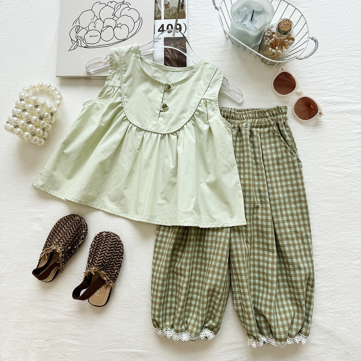 Summer Girls' Outfit Set Sleeveless Doll Top Plaid Mosquito-Repellent Pants Chic Two-Piece Set