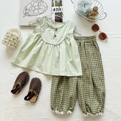 Summer Girls' Outfit Set Sleeveless Doll Top Plaid Mosquito-Repellent Pants Chic Two-Piece Set