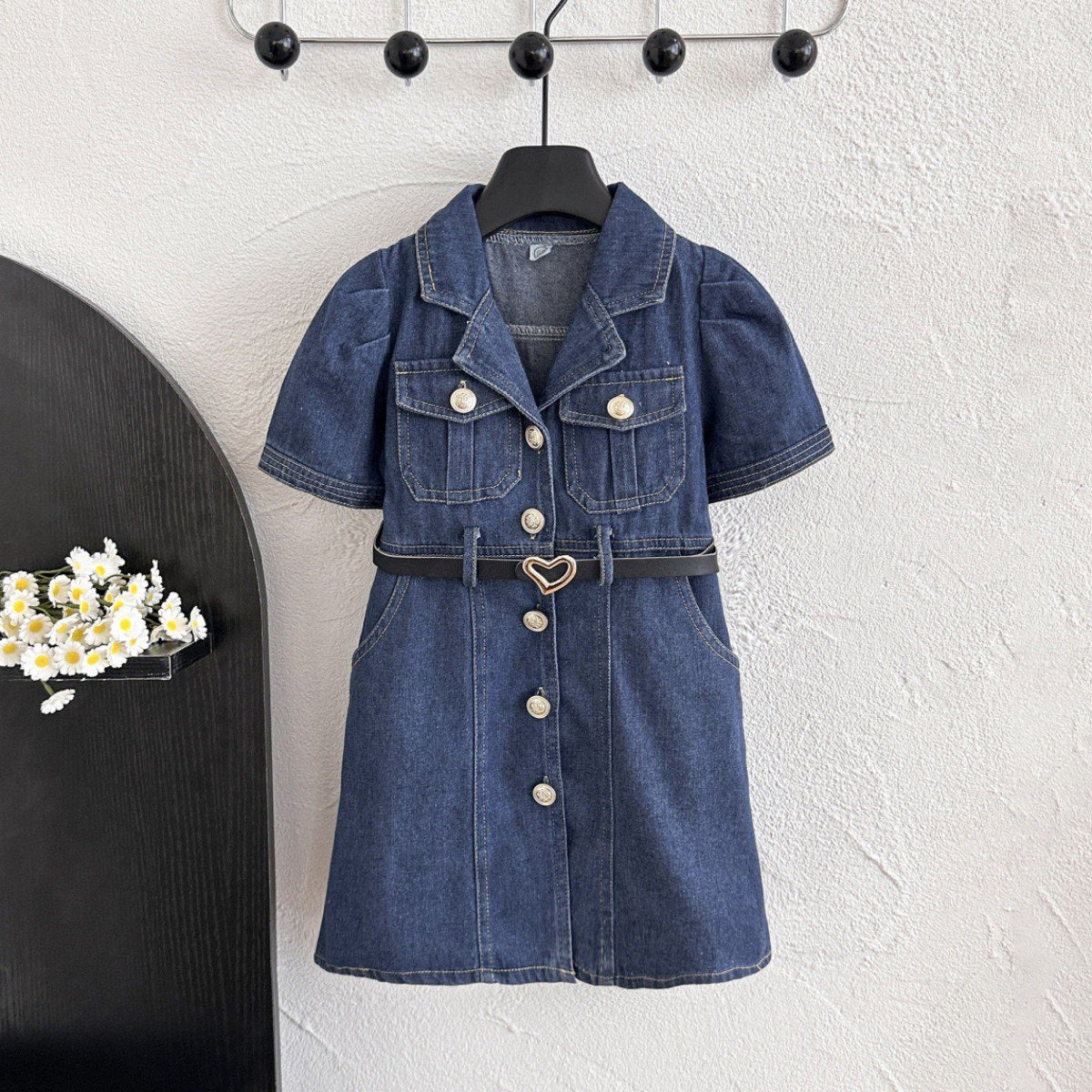 Summer Girls' Dress Short Sleeve Fitted Denim Dress Chic Versatile Retro Dress