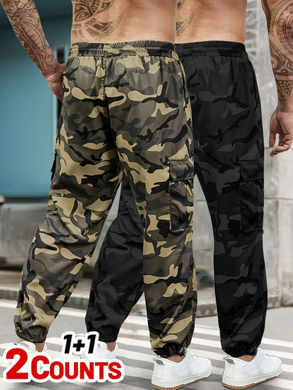 2-Pack 2025 New Men's Camouflage Cargo Pants - Military Style Drawstring Multi-Pocket Long Pants, Spring and Autumn Casual Sports Pants, Stylish Tactical Apparel