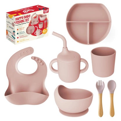 Tygo Silicone Baby Feeding Set – Complete Self-Feeding Set with Suction Plate Spill-Proof Bib Wooden Spoon & Fork Leak-Proof Cups – Encourage Independence Healthy Eating in Infants and Toddlers