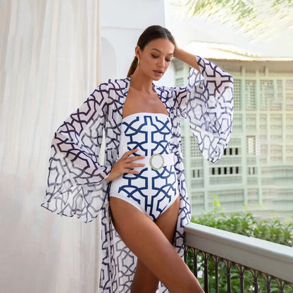 Women's Geometric Print One Piece Swimsuits Cover Up Fashion Bikinis Sets Strapless Bandage Swimwear Bathing Suit Beachwear