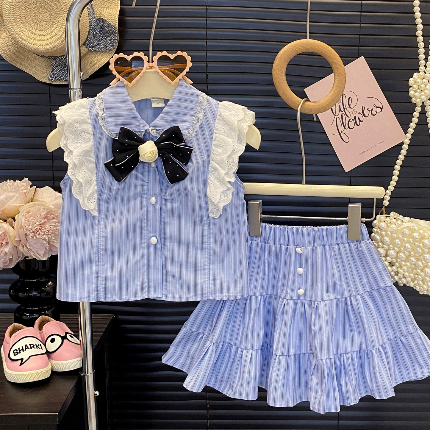 Girls' Princess Style Outfit Set Summer Short Sleeve Striped Shirt Skirt Two-Piece Fashion Set