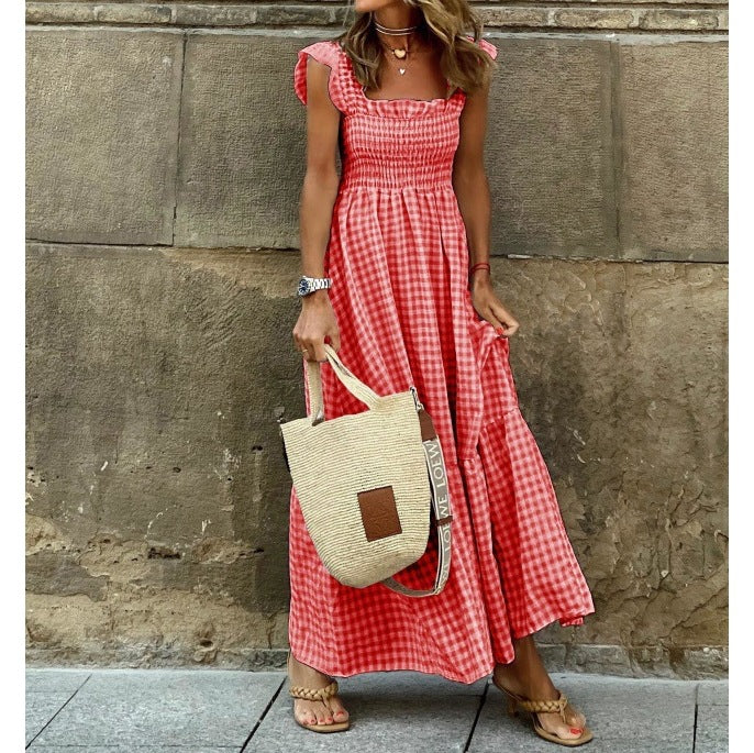 Robe à bretelles patchwork à carreaux chic pour femme, avec taille élastiquée et coupe évasée
