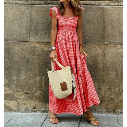 Robe à bretelles patchwork à carreaux chic pour femme, avec taille élastiquée et coupe évasée