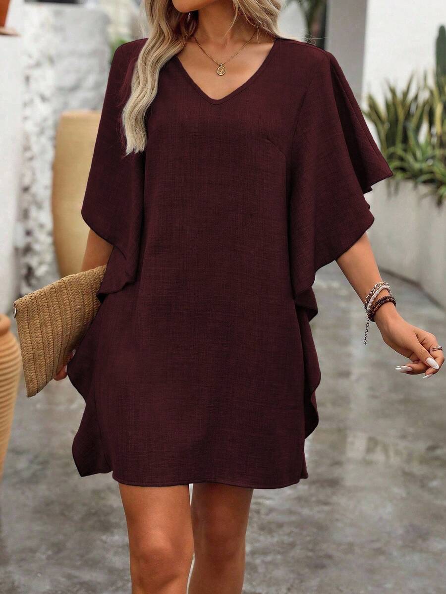 SummerWomen's Pure Color Loose Ruffled Fashion V-Neck Dress