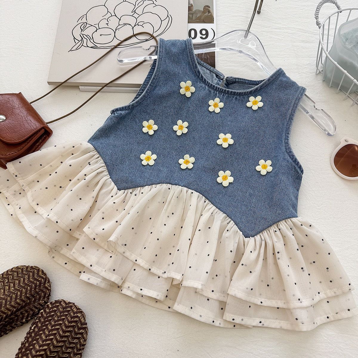 Girls' Denim Set Summer New Style Daisy Polka Dot Tulle Denim Vest and Wide Leg Pants Two-Piece Set