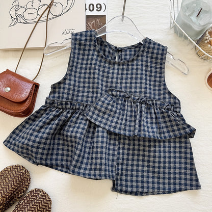 Summer Girls' Plaid Sleeveless Vest and Shorts Casual Sporty Two-Piece Set Fashion Foreign Trade