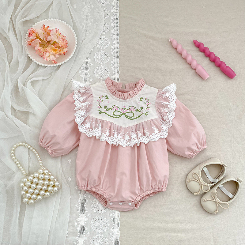 Baby Long Sleeve Romper with Lace Embroidery, Spring and Autumn New StyleFashion for Girls, Infant Bodysuit