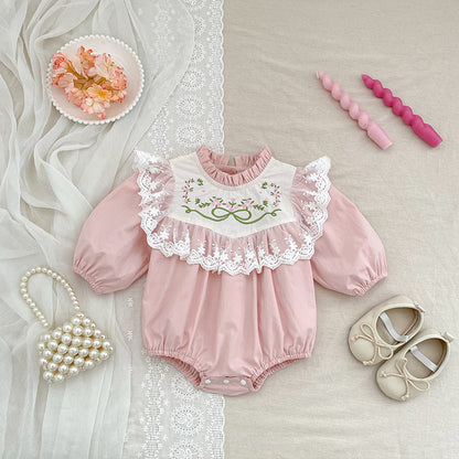 Baby Long Sleeve Romper with Lace Embroidery, Spring and Autumn New StyleFashion for Girls, Infant Bodysuit