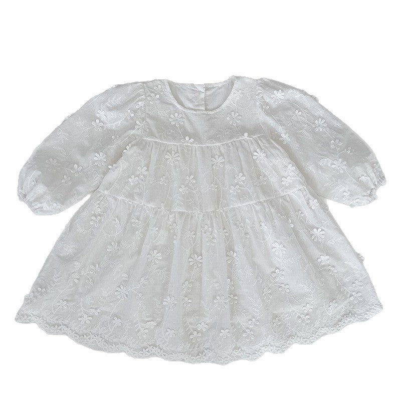 Girls' Dress Spring New Style Fashion White Long Sleeve Embroidered Charming Princess Dress for Children
