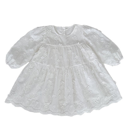 Girls' Dress Spring New Style Fashion White Long Sleeve Embroidered Charming Princess Dress for Children