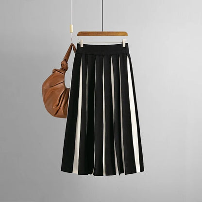 Knitted Long Skirt Women High Waist Black White Striped Contrast Color Sweater Skirt Faldas De Mujer Autumn Winter