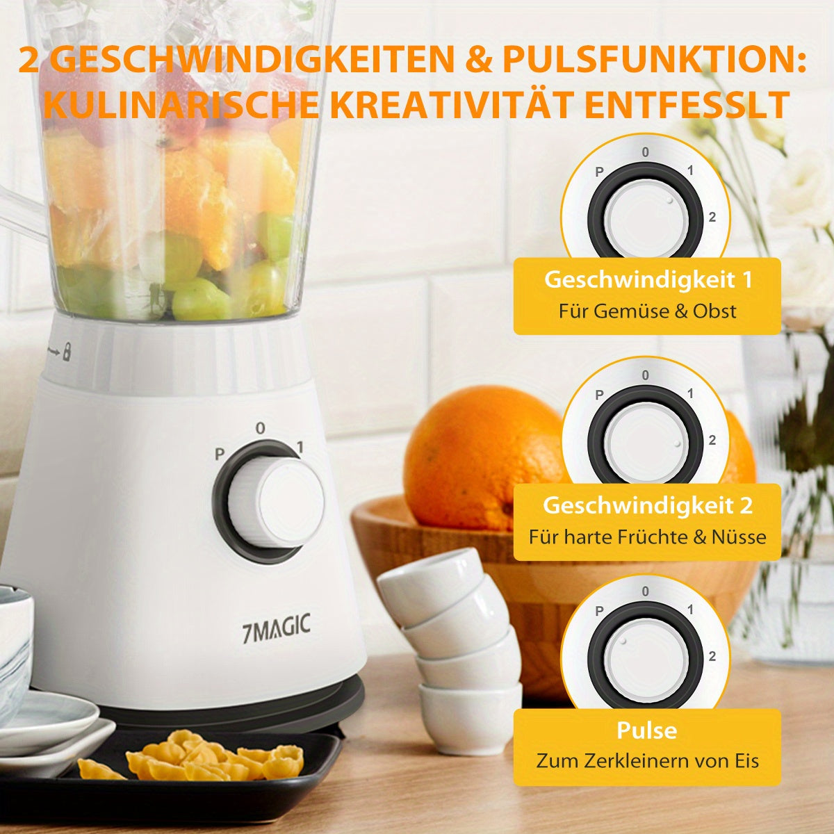 1500ML Large Capacity Blender | 3-in-1 Food Processor, Meat Grinder Chopper, Juicer for Home Kitchen and Vegetables, Healthy Juice, Smoothie, Sorbet, Milk Shake, Ice Slushie | Plastic, 220V-240V, 7MAGIC