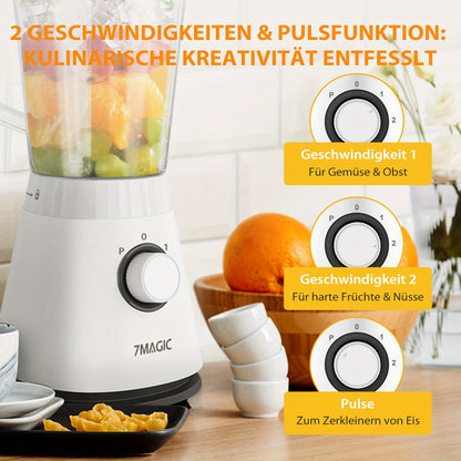 1500ML Large Capacity Blender | 3-in-1 Food Processor, Meat Grinder Chopper, Juicer for Home Kitchen and Vegetables, Healthy Juice, Smoothie, Sorbet, Milk Shake, Ice Slushie | Plastic, 220V-240V, 7MAGIC