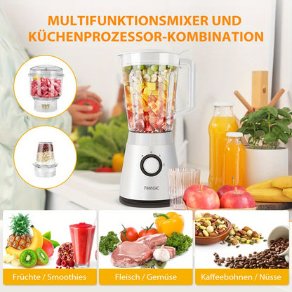 1500ML Large Capacity Blender | 3-in-1 Food Processor, Meat Grinder Chopper, Juicer for Home Kitchen and Vegetables, Healthy Juice, Smoothie, Sorbet, Milk Shake, Ice Slushie | Plastic, 220V-240V, 7MAGIC