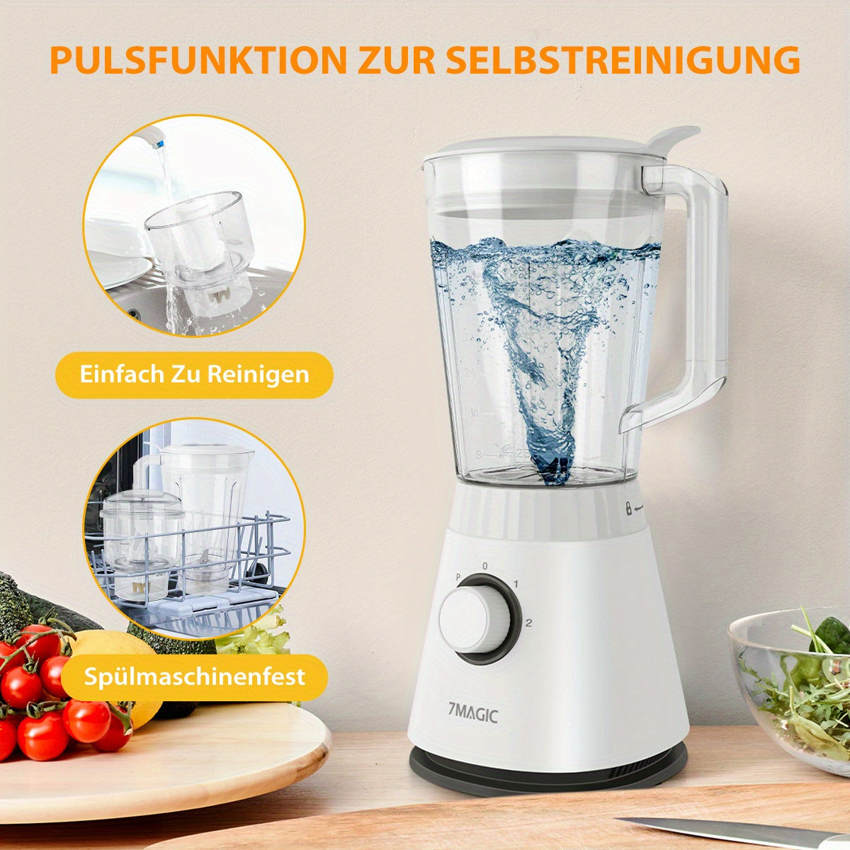 1500ML Large Capacity Blender | 3-in-1 Food Processor, Meat Grinder Chopper, Juicer for Home Kitchen and Vegetables, Healthy Juice, Smoothie, Sorbet, Milk Shake, Ice Slushie | Plastic, 220V-240V, 7MAGIC