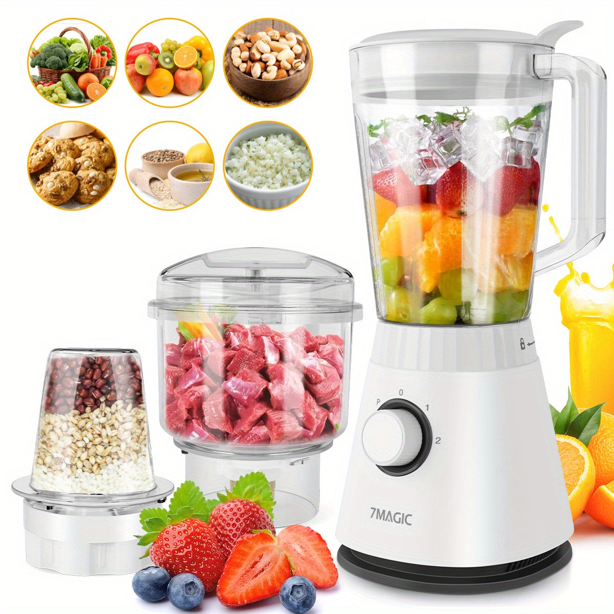 1500ML Large Capacity Blender | 3-in-1 Food Processor, Meat Grinder Chopper, Juicer for Home Kitchen and Vegetables, Healthy Juice, Smoothie, Sorbet, Milk Shake, Ice Slushie | Plastic, 220V-240V, 7MAGIC