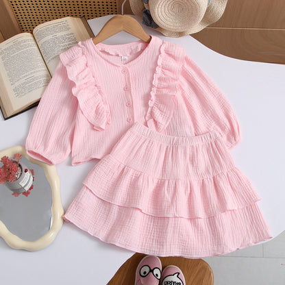 Ins Russian Girls' Cotton Off-Shoulder Sleeve Shirt + Lace Skirt, British Style Children's Two-Piece Set